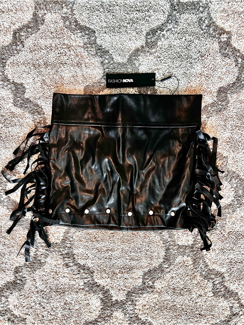 Fashion Nova Cool Rider Faux Leather Fringe Mini Skirt Black XS